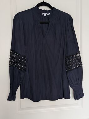 Chico's Navy Beaded Sleeve Long-Sleeve Blouse